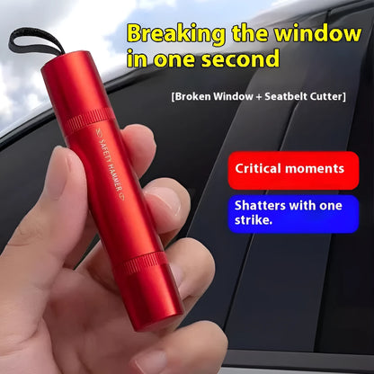 Black and red ABS plastic car safety hammer with spring-loaded window breaker and seatbelt cutter