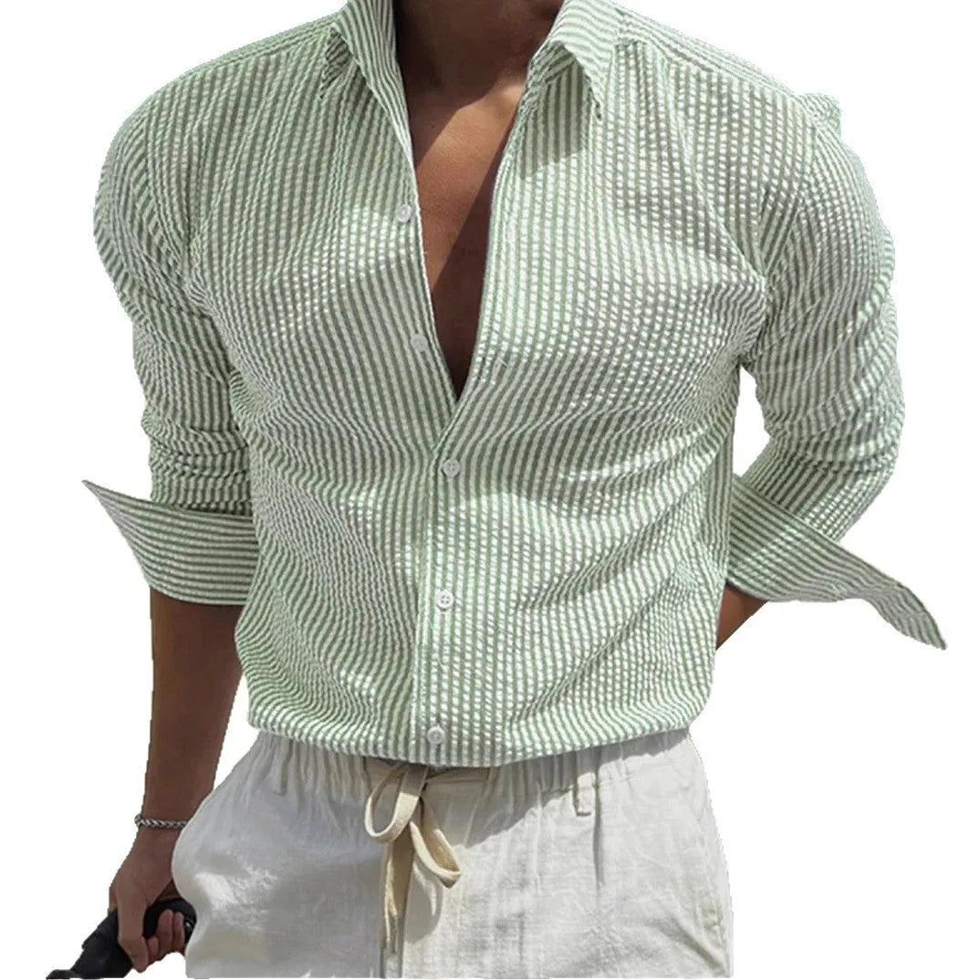 Long sleeve striped shirt with lapel collar on a hanger, shown in a blue colour option.