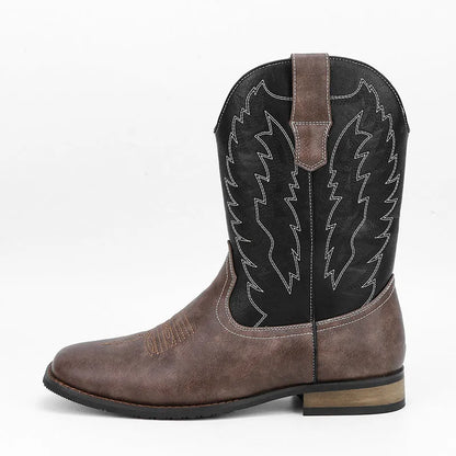 Men's black square toe denim-style motorcycle boots with mid-calf shaft and low wedge heel.