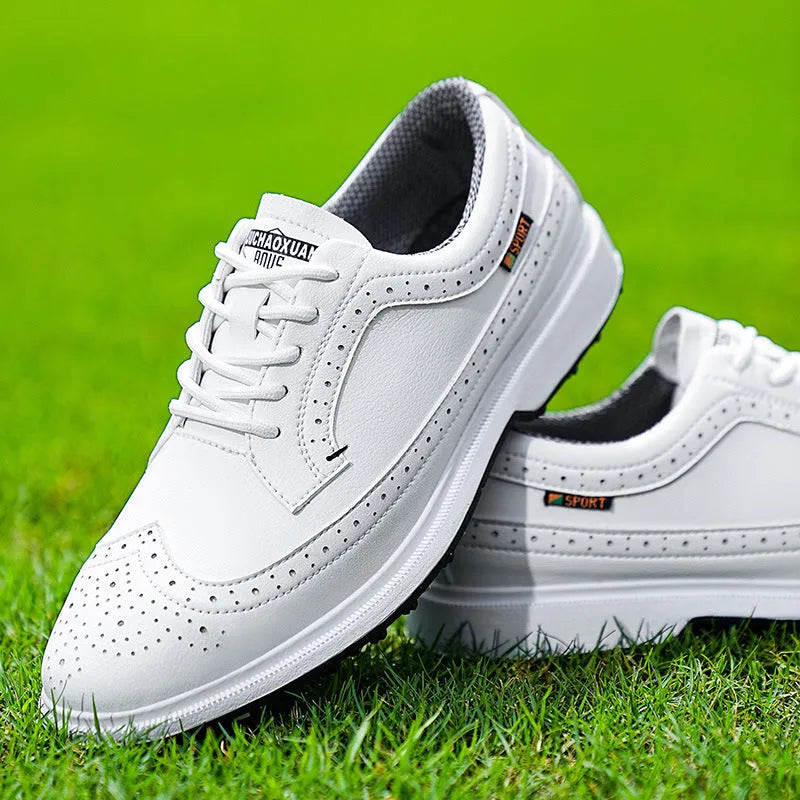 Men's lightweight golf shoe in lake blue with genuine leather upper and non-slip rubber sole.