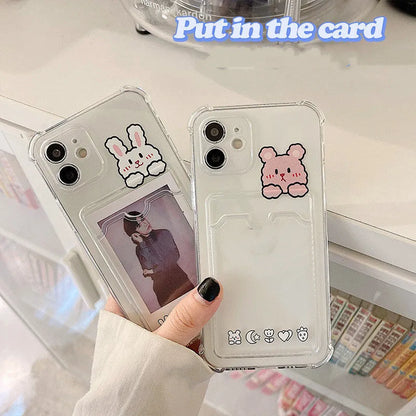 Cartoon design transparent iPhone case with card holder slots showing 2 cards stored