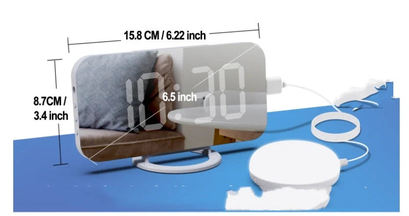 Digital Mirror Clock with adjustable LED display and dual USB ports
