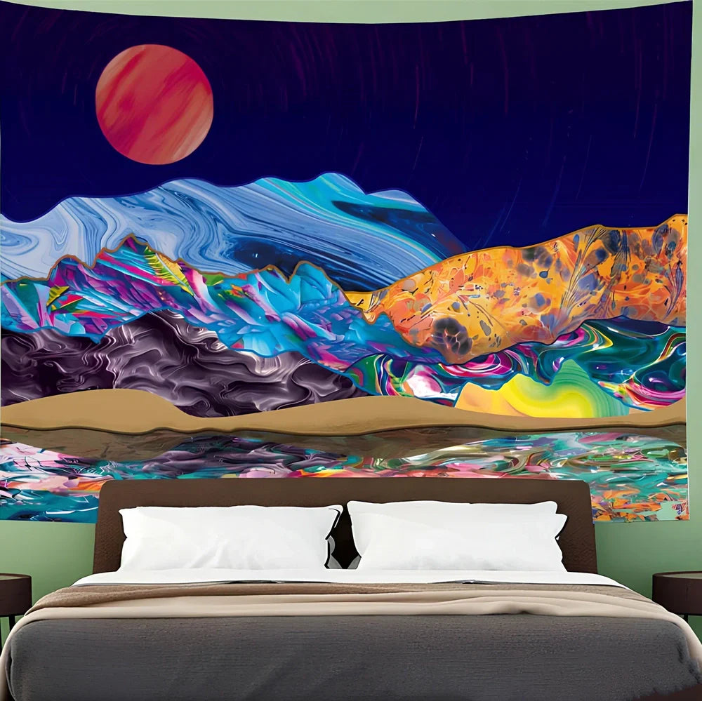 Bohemian psychedelic sunset pattern tapestry blanket in polyester, 150x100cm short plush size, machine woven for dorm walls