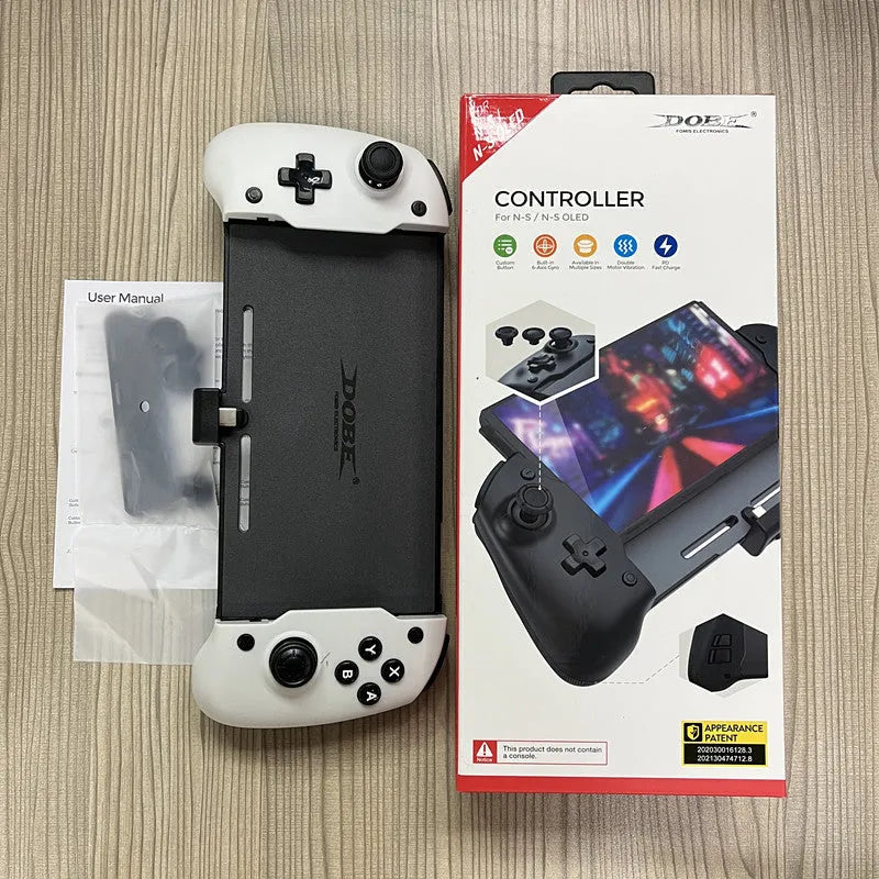 Black and white Nintendo Switch gamepad with console inserted, showing buttons, gyroscope, and Type-C charging port.