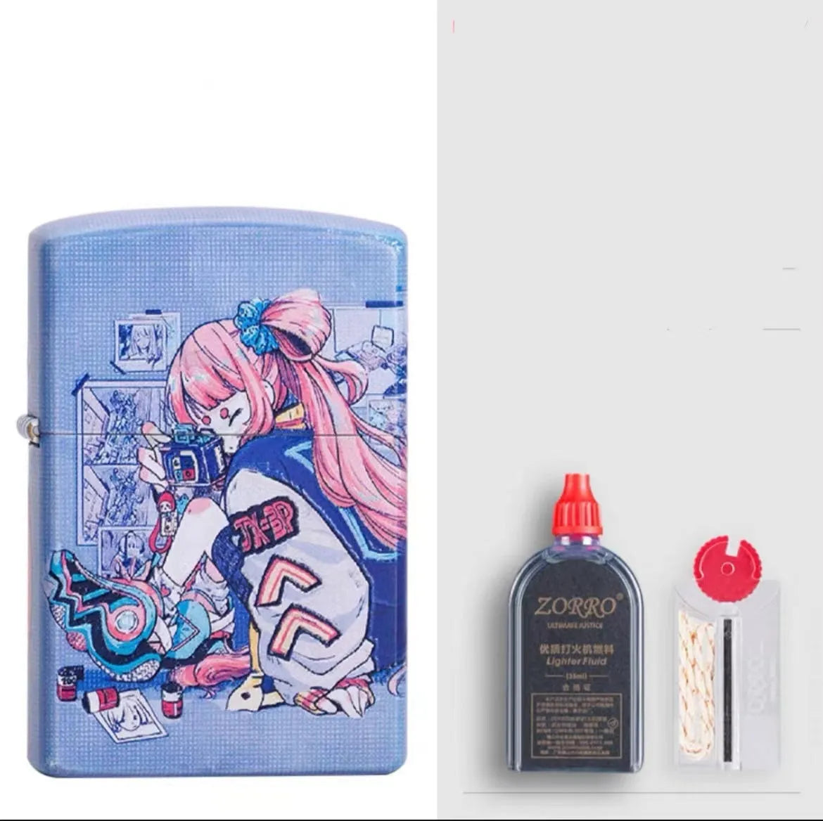 Windproof kerosene lighter with grinding wheel, pure copper case, shown with artistic design options.