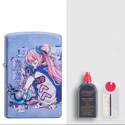 Windproof kerosene lighter with grinding wheel, pure copper case, shown with artistic design options.
