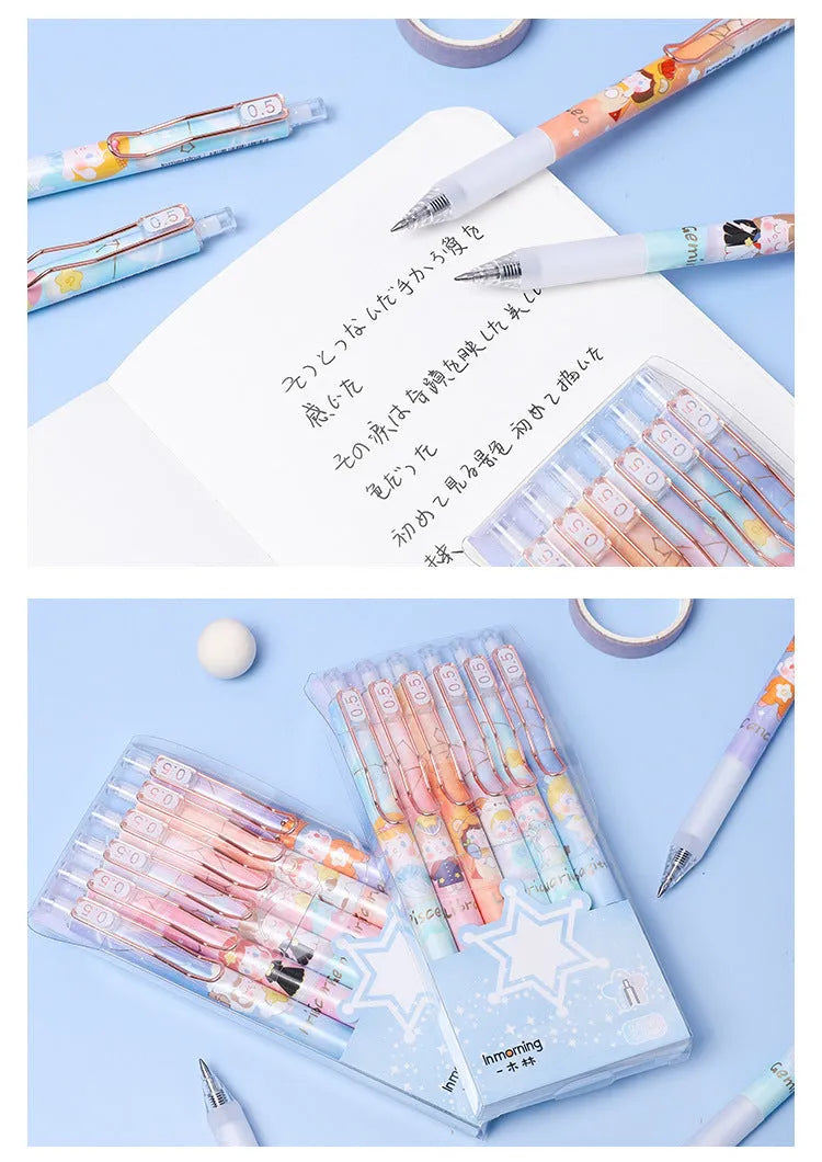 Six Lisa's Secret Constellation press gel pens showing 0.5mm tips and star pattern designs on plastic barrels
