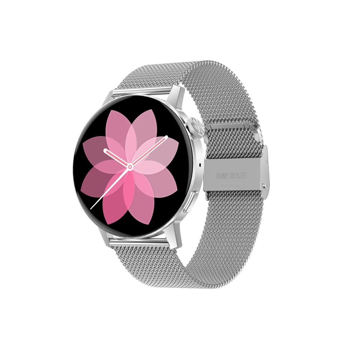 Simple metal smartwatch with black silicone strap and 1.45-inch screen displaying heart rate.