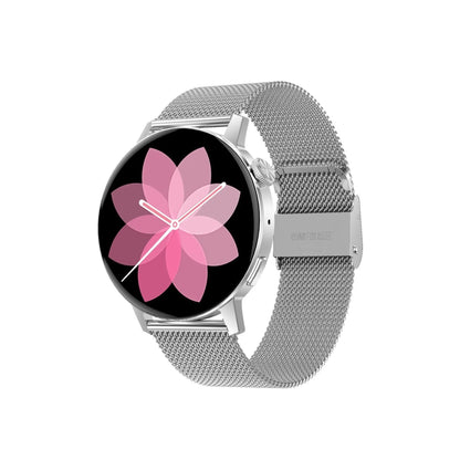 Simple metal smartwatch with black silicone strap and 1.45-inch screen displaying heart rate.
