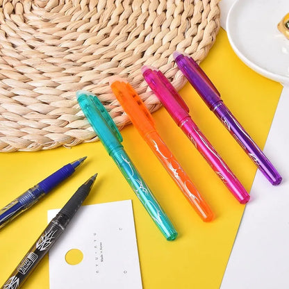 Hot erasable gel pen with stainless steel nib and plastic shell, available in 12 or 8 colour sets for office use