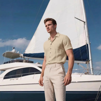Men's loose fit short-sleeved linen blend shirt in a cardigan style, shown in a solid colour.