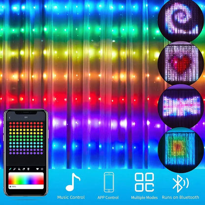 Programmable LED curtain light with Bluetooth app control showing 400 individually programmable lights