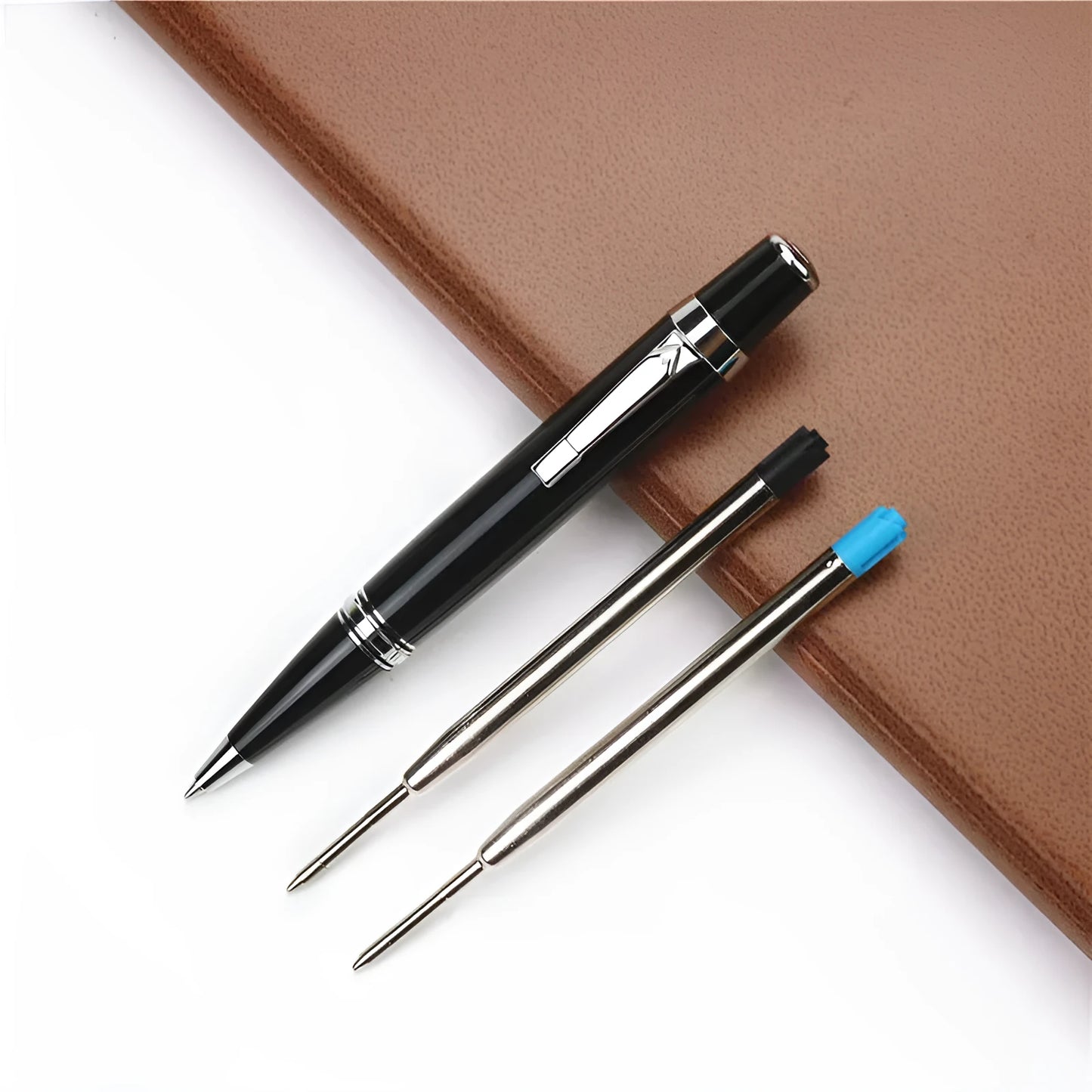 Baozhu black full metal pocket rollerball pen with two spare refills.