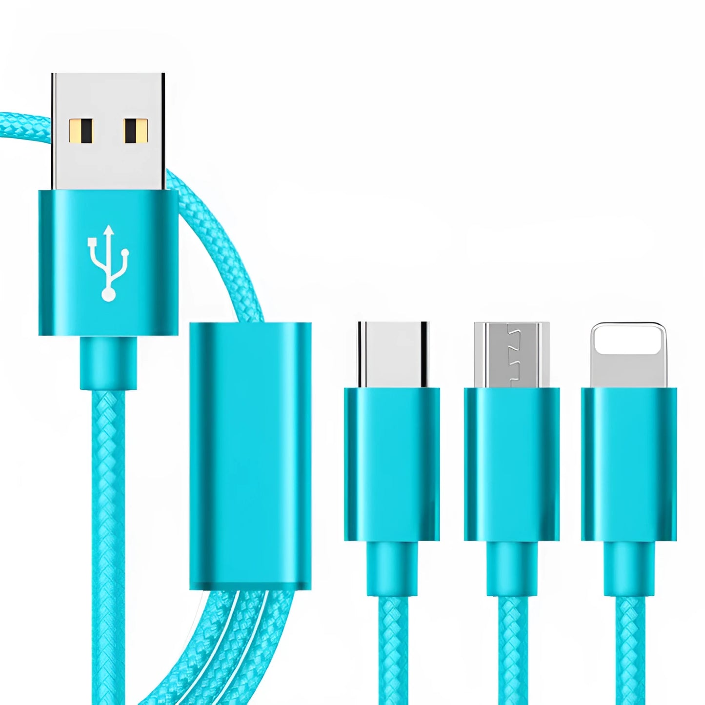 A 1.2 metre three-in-one charging cable showing Micro USB, Lightning, and USB-C connectors in a choice of colours.
