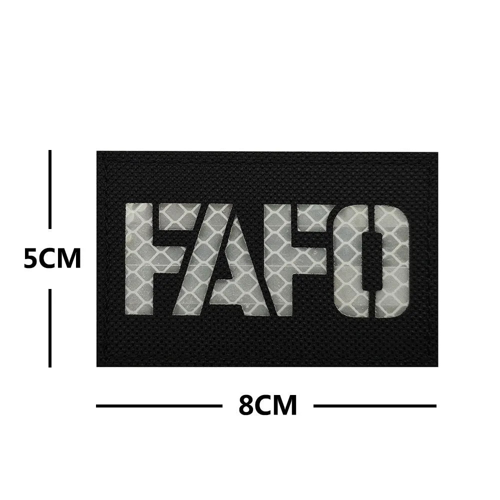 FAFO reflective nylon badge for night safety, shown in black cloth with white characters and other colour options
