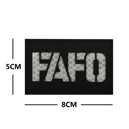 FAFO reflective nylon badge for night safety, shown in black cloth with white characters and other colour options