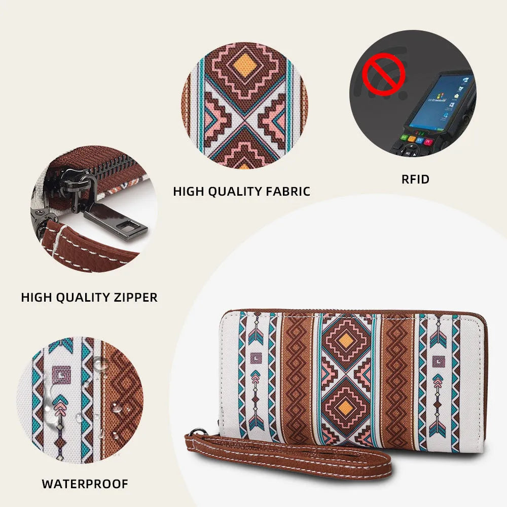 Canvas RFID blocking wallet with striped bohemian design in 20x10x2cm size