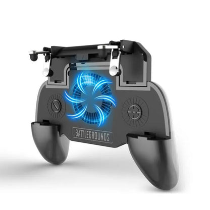 Black USB mobile game controller with aluminium alloy trim for smartphones, showing grip and action buttons.