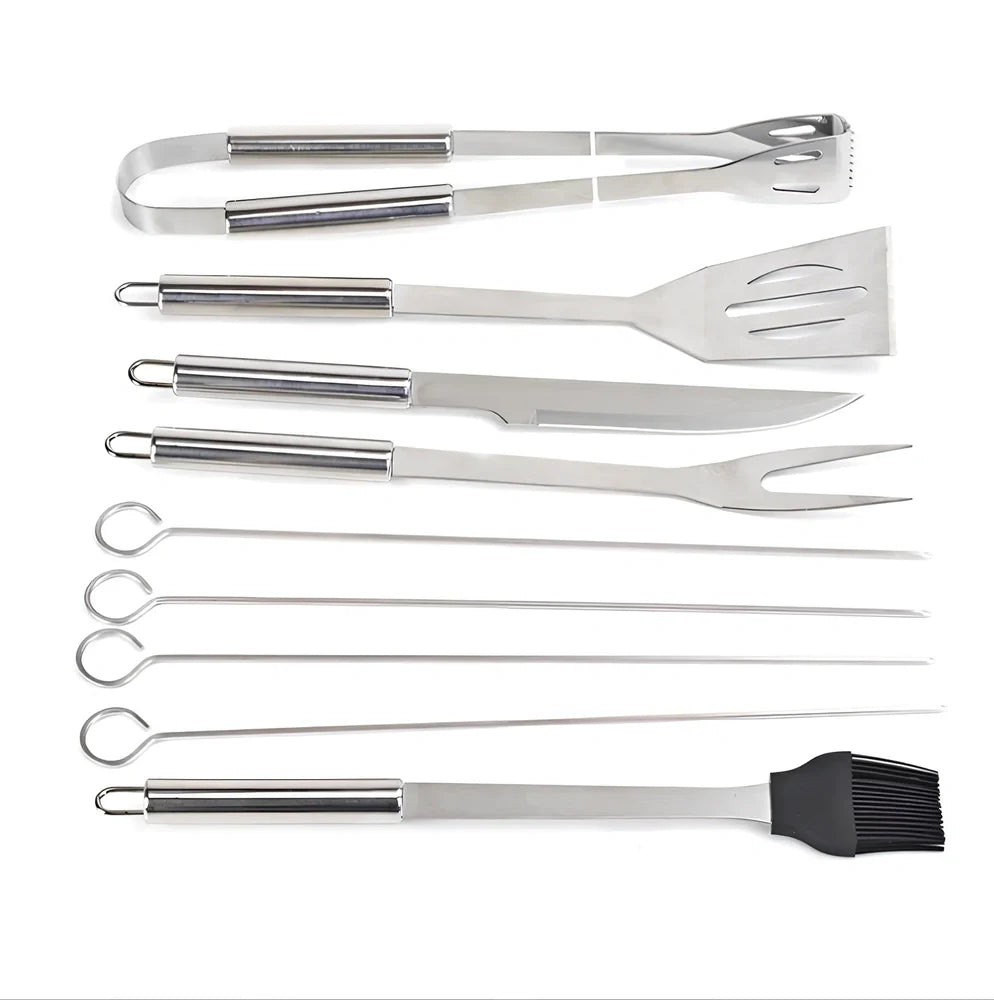 Silver 10-piece stainless steel BBQ tool set with shovel, fork, clip, strings, brush, and tote bag, sized 40x16.5x6cm for outdoor use