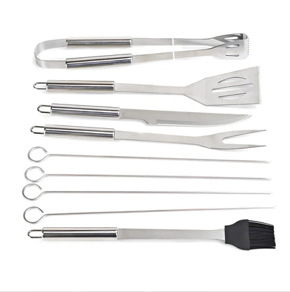 Silver 10-piece stainless steel BBQ tool set with shovel, fork, clip, strings, brush, and tote bag, sized 40x16.5x6cm for outdoor use