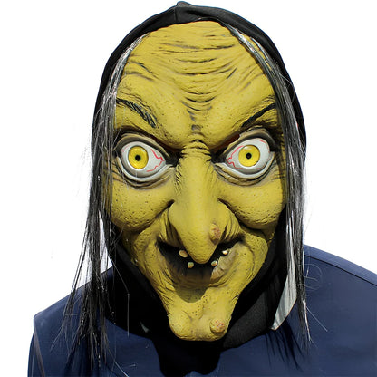 Latex witch mask with elastic strap showing realistic facial wrinkles and pointed nose design for Halloween costumes