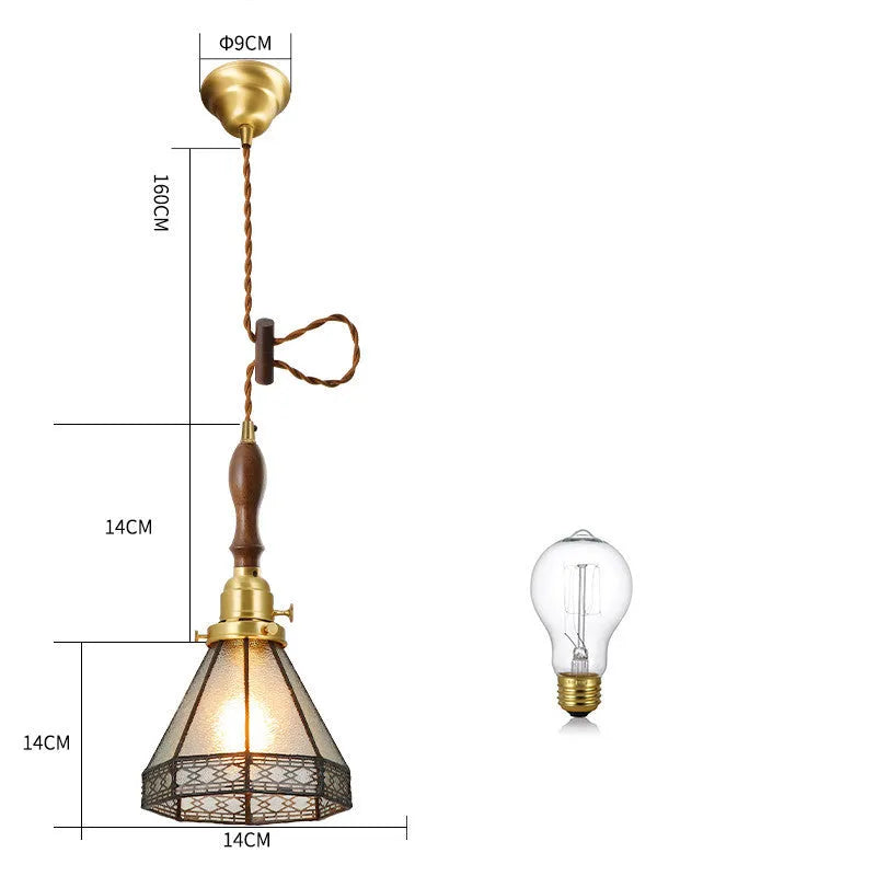 Japanese retro brass and glass chandelier with hand-blown shades and walnut wood details