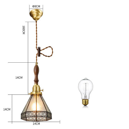 Japanese retro brass and glass chandelier with hand-blown shades and walnut wood details