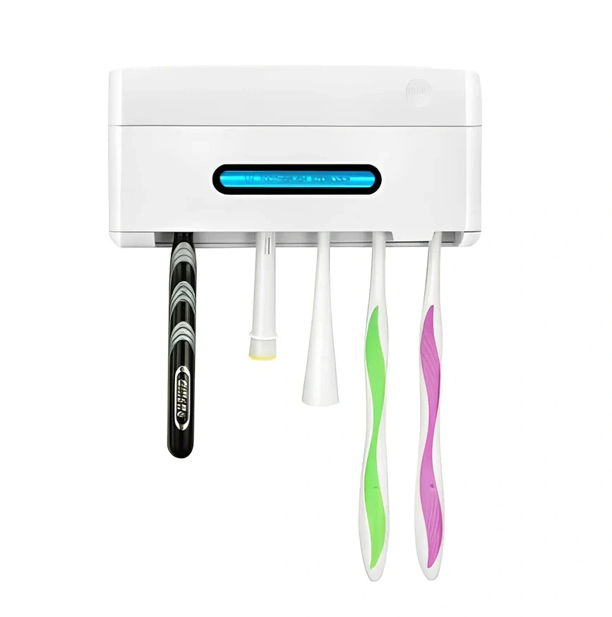 White UV toothbrush sterilizer holder measuring 157x77x38mm with UV light chamber