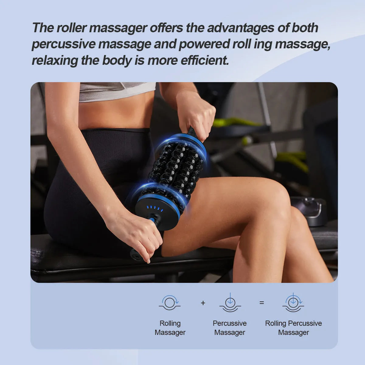 Handheld electric muscle massager in blue, grey or green colour with rolling head and multi-gear control.