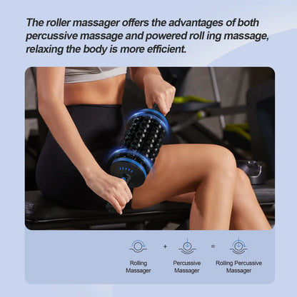 Handheld electric muscle massager in blue, grey or green colour with rolling head and multi-gear control.