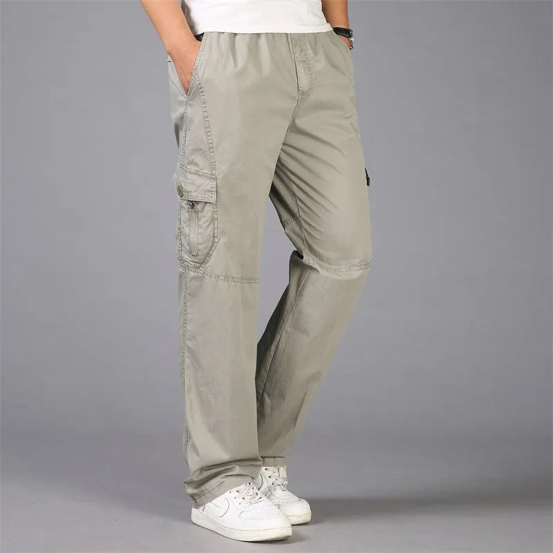 Loose straight leg cotton cargo trousers with multi-pocket, mid waist, zip placket, in black, army green, khaki, or natural yellow.