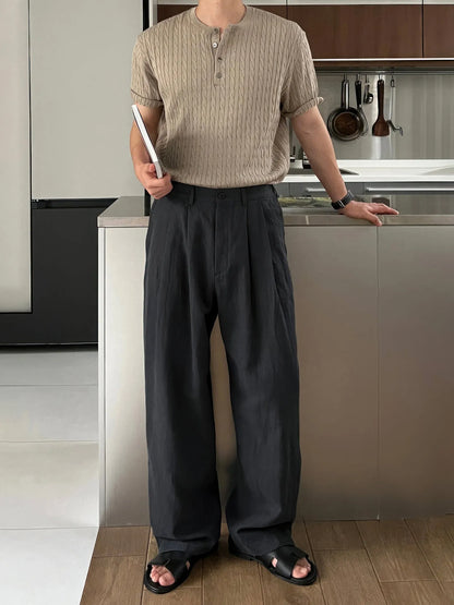 Army Green Japanese style linen trousers for men with drawstring waist