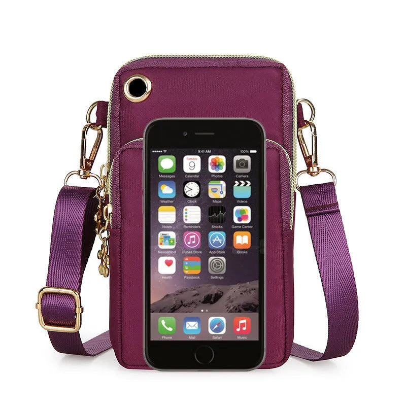 Nylon small crossbody shoulder bag with 3-layer zipper, card slot, square vertical shape, letter pattern, in red, dark blue, black or dark purple.