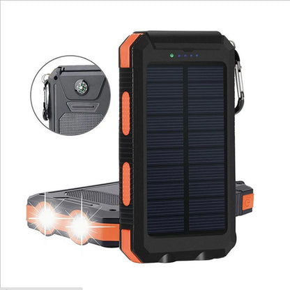 Black solar power bank with compass display and dual LED lights, showing 20000mAh capacity label.