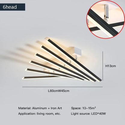Modern wave style LED ceiling light with six 50cm arms in black or gold finish