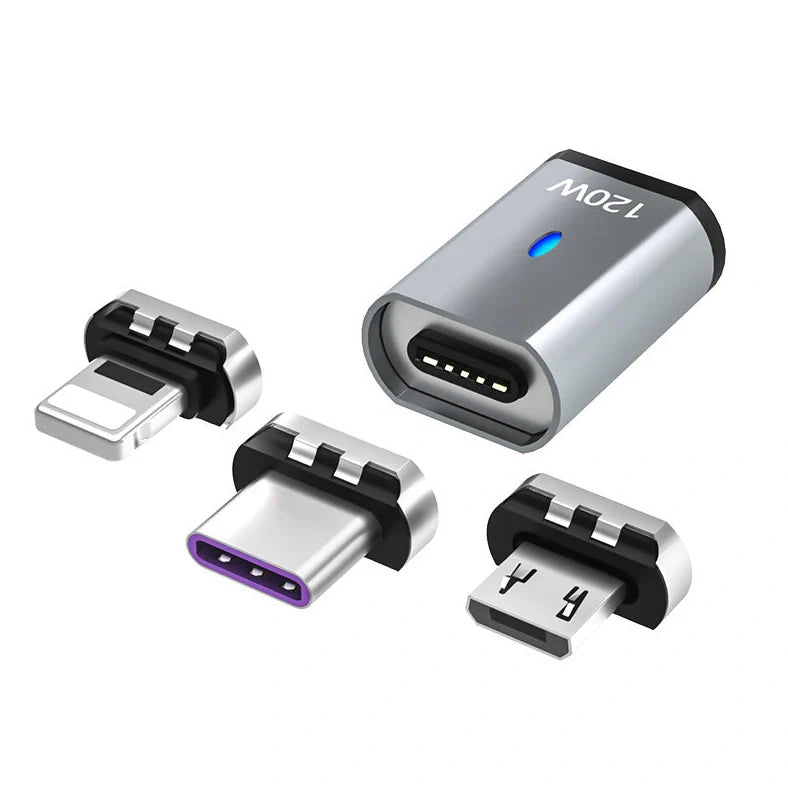 Dark grey magnetic charging adapter showing elbow connection design with multiple adapter heads for different device ports