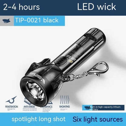 Black plastic USB rechargeable handheld flashlight with charging cable.