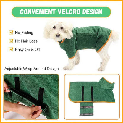 Absorbent pet drying robe with adjustable waist wrap, made of premium microfiber and terry cloth for quick drying and comfort