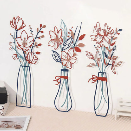 Three metal flowers wall art pieces with country farmhouse design and colour vase decorations