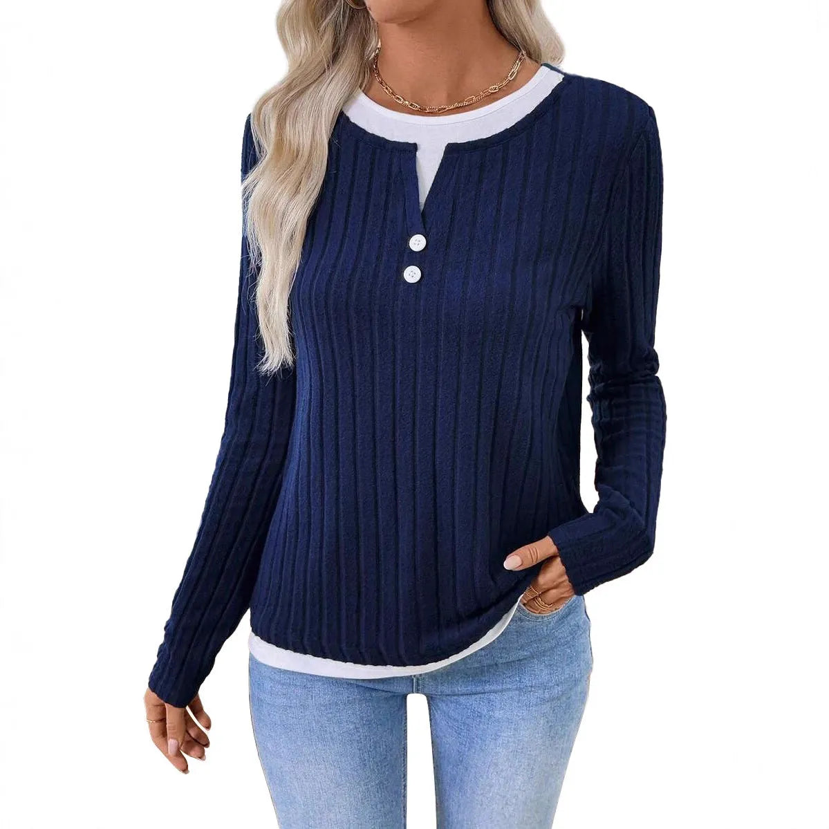 Women's black fake two-piece pullover sweater with concave stripe texture and round neck.