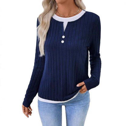 Women's black fake two-piece pullover sweater with concave stripe texture and round neck.