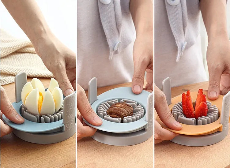 Three-function manual egg cutter in blue with stackable design for kitchen use