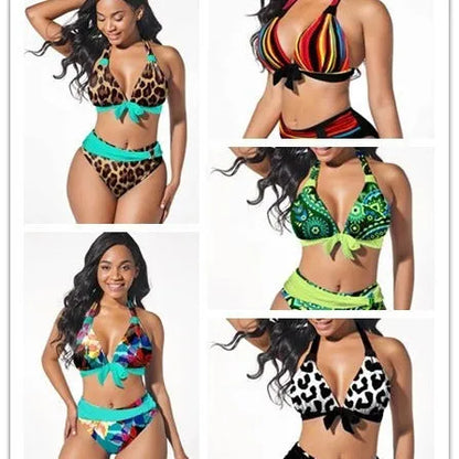 Women's colourful printed plus size bikini swimsuit set with two-piece design