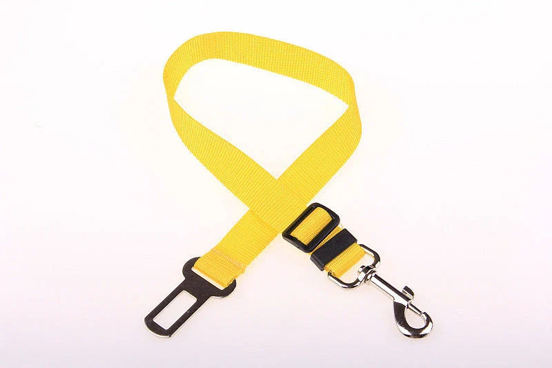 Adjustable dog seat belt with secure clip and buckle for attaching to pet harness and vehicle seatbelt