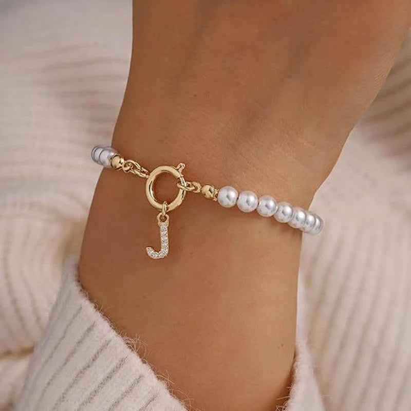 2024 Fashion Toggle Clasp Initial Bracelet with 6mm Pearl