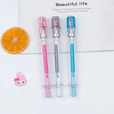 Vaccine design gel pen with plastic construction measuring 15.7cm length and using 0.5mm black refill