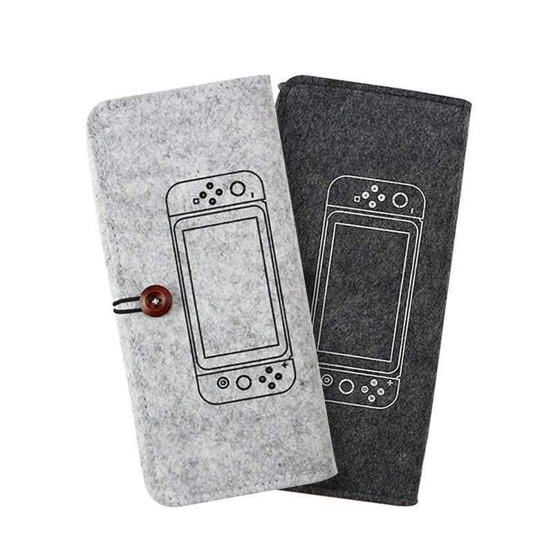 Felt pouch bag for Nintendo Switch console and accessories with double layer storage design, 10×4.3×1.4 inch dimensions, 5 game card holder slots, lightweight carrying case suitable for travel in black or grey colour
