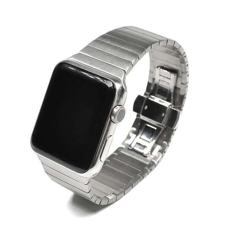 Stainless steel metal chain Apple Watch strap with butterfly buckle in silver.