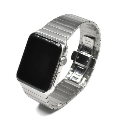 Stainless steel metal chain Apple Watch strap with butterfly buckle in silver.