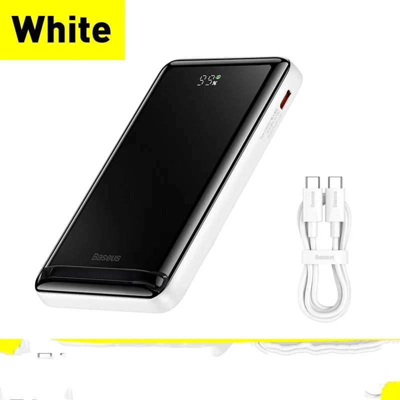 Slim 3-in-1 magnetic power bank in blue, white, or pink with wireless charging capability